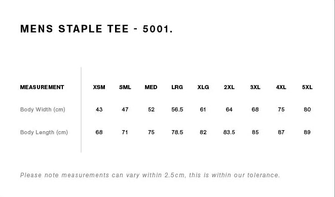 Measurement chart for a men's staple tee with size chart on a white background